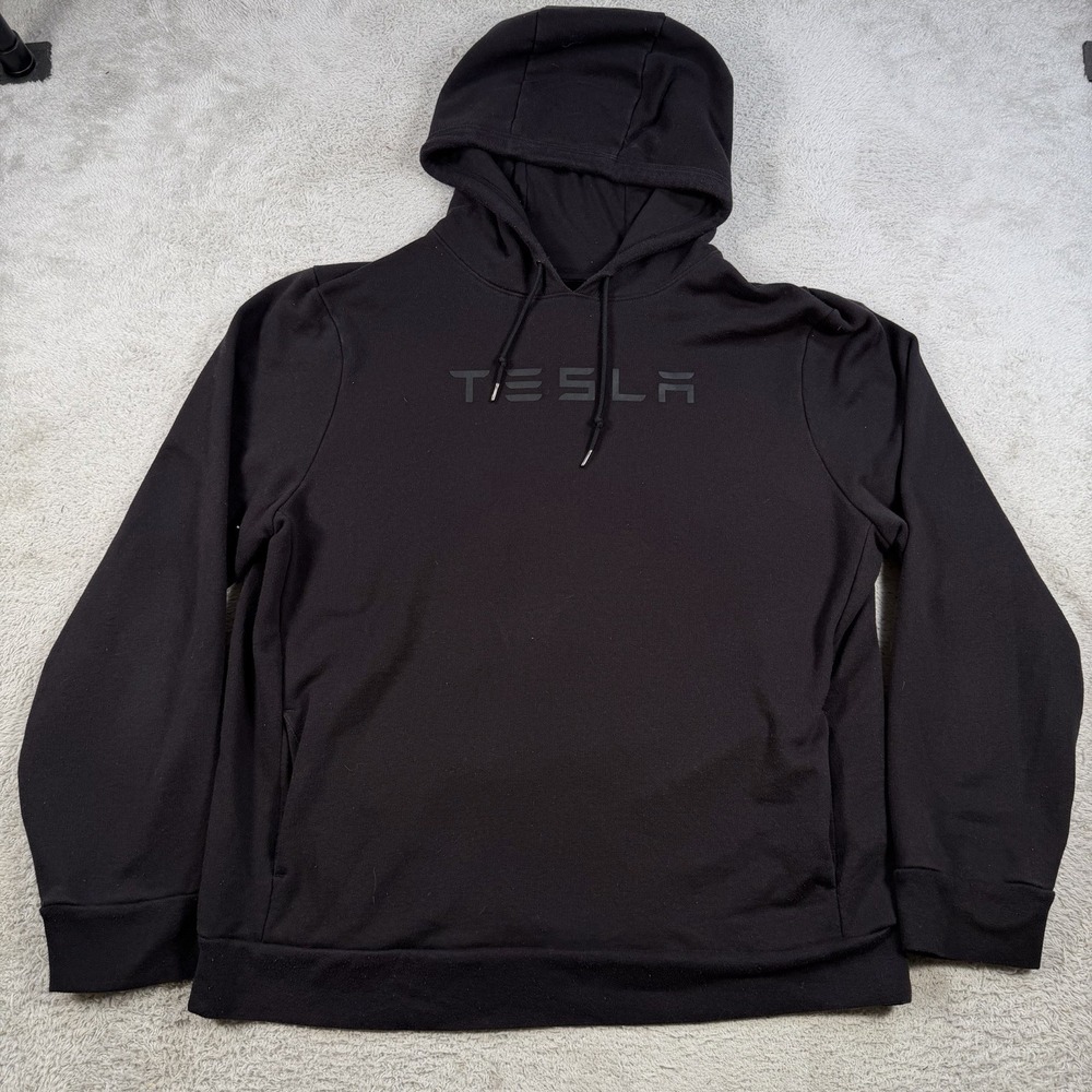 Tesla Hoodie Mens 2XL Black Fleece Pullover Elon Musk Drawstring Sweatshirt